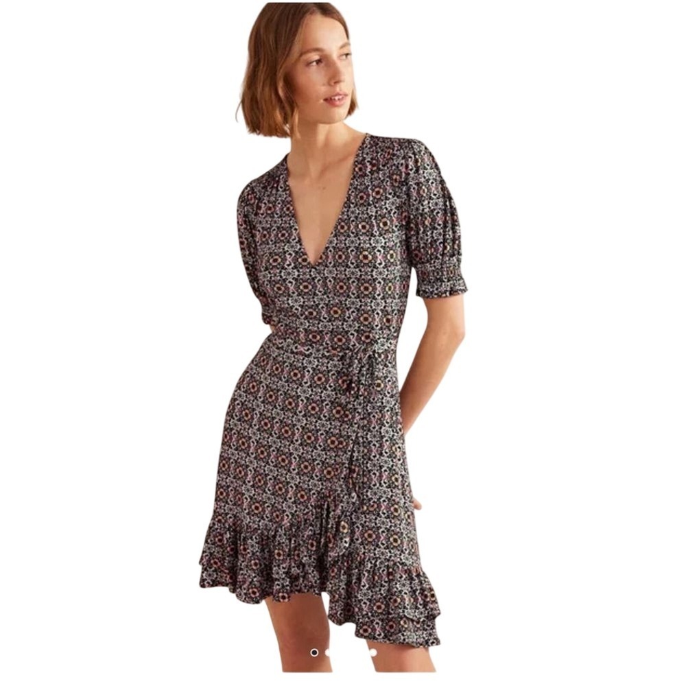 Boden Ruffle Wrap Stretch Jersey Mini Dress Black Opulent Pome Women's sz 2 New - Picture 2 of 11